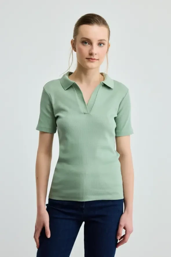 Polo Yaka Pamuk Kaşkorse T-Shirt - Yeşil - 1