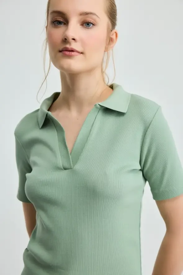 Polo Yaka Pamuk Kaşkorse T-Shirt - Yeşil - 2