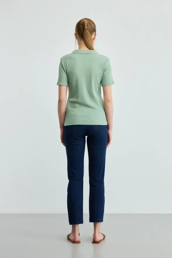 Polo Yaka Pamuk Kaşkorse T-Shirt - Yeşil - 3