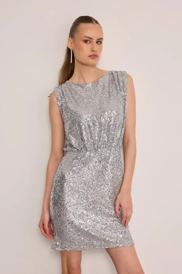 Pul Payet Mini Elbise - Gri - 5