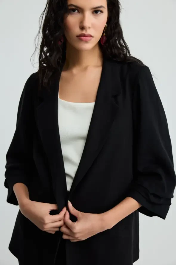 Rahat Kesim Keten Ceket - Siyah - 3
