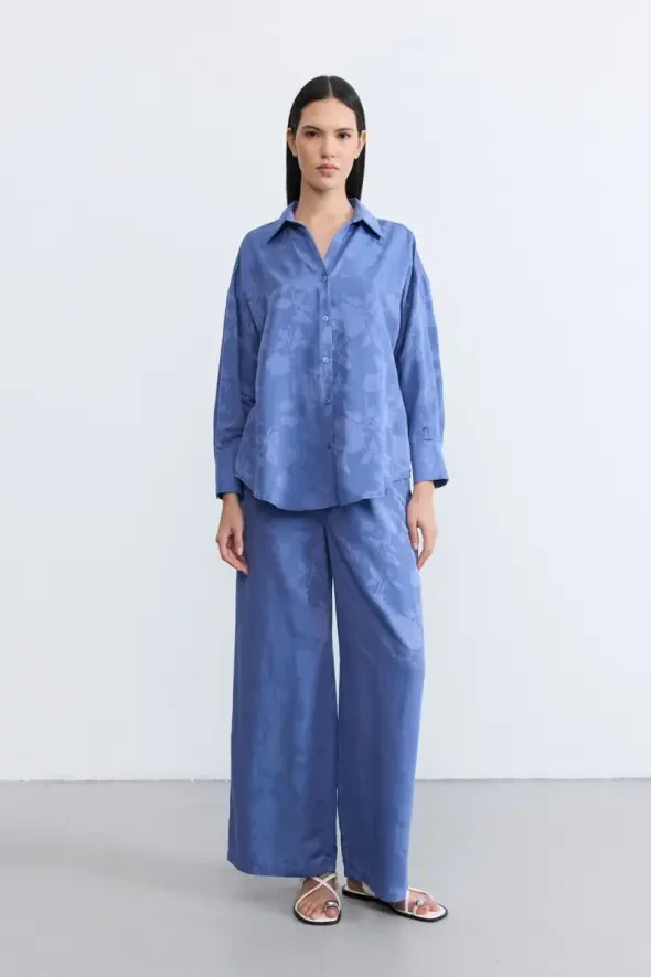 Rahat Kesim Tencel Jakar Gömlek - Mavi - 2