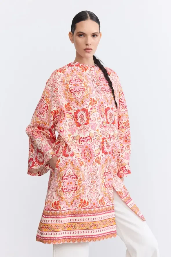 Şal Desenli Kaftan - Kırmızı - 1