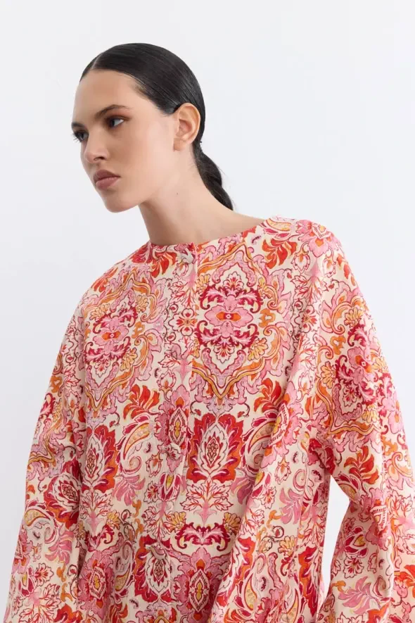 Şal Desenli Kaftan - Kırmızı - 4