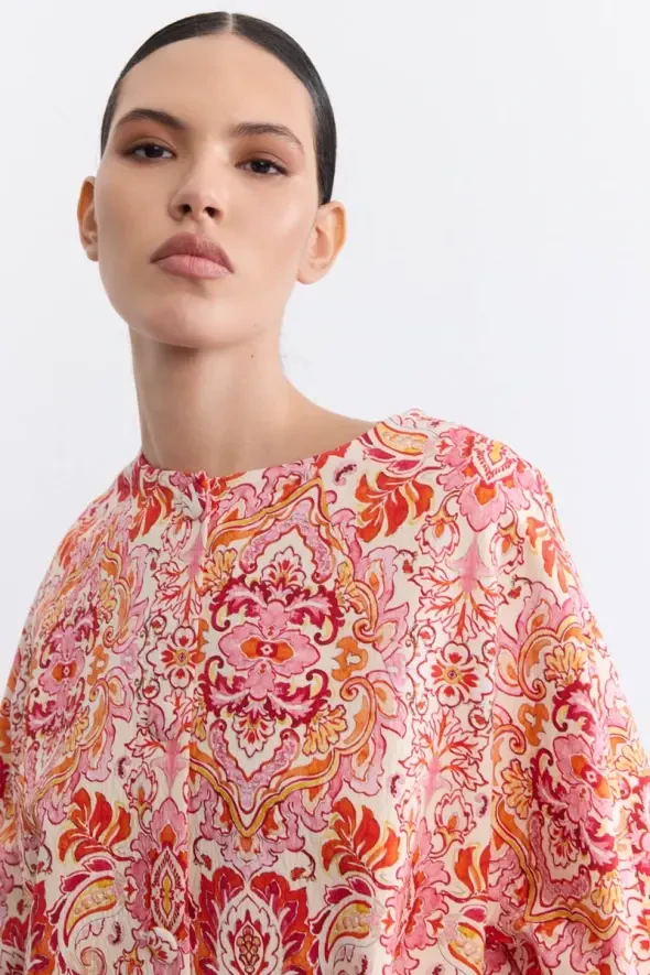 Şal Desenli Kaftan - Kırmızı - 5