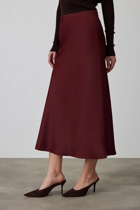 Saten Uzun Verev Etek - Bordo - 2