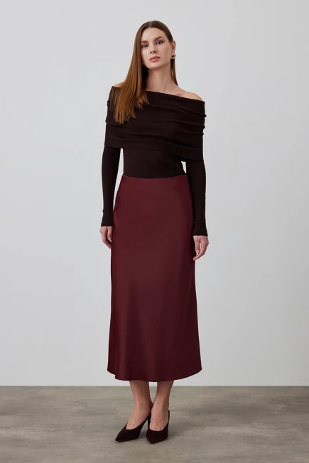 Saten Uzun Verev Etek - Bordo Bordo