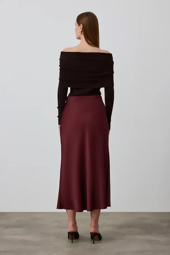 Saten Uzun Verev Etek - Bordo - 4