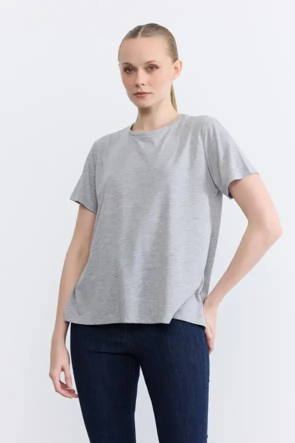 Simli Bisiklet Yaka T-Shirt - Gri - 1