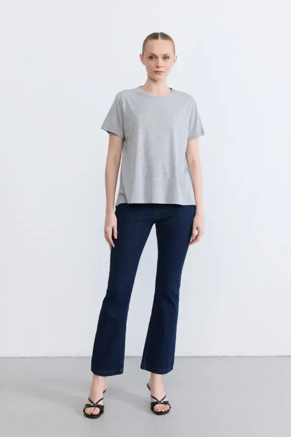 Simli Bisiklet Yaka T-Shirt - Gri - 2