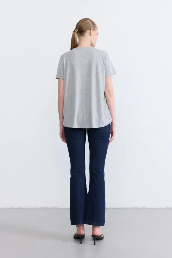 Simli Bisiklet Yaka T-Shirt - Gri - 4