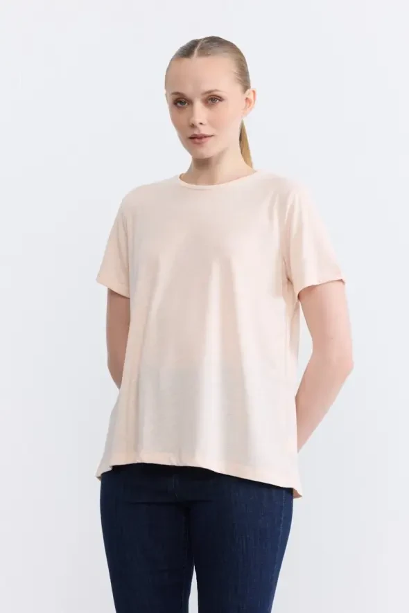 Simli Bisiklet Yaka T-Shirt - Pudra - 1