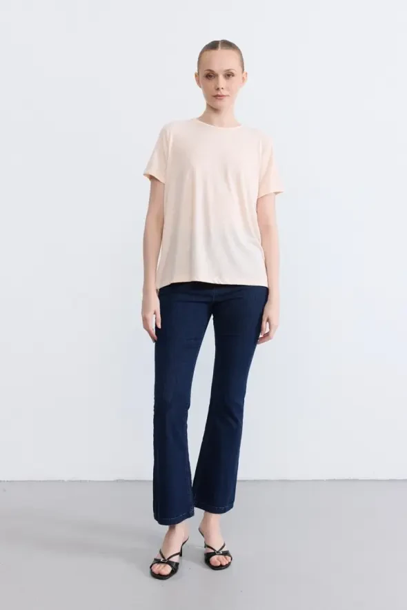 Simli Bisiklet Yaka T-Shirt - Pudra - 2