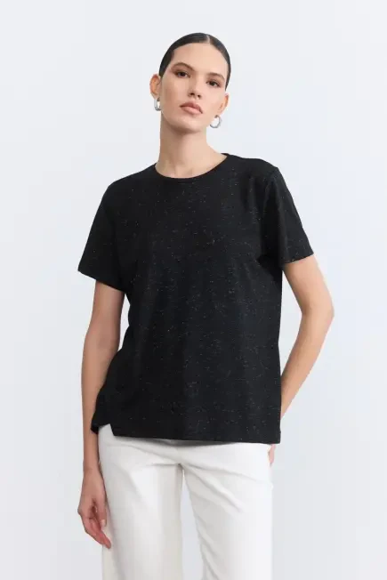 Simli Bisiklet Yaka T-Shirt - Siyah Siyah