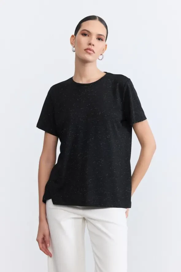 Simli Bisiklet Yaka T-Shirt - Siyah - 1