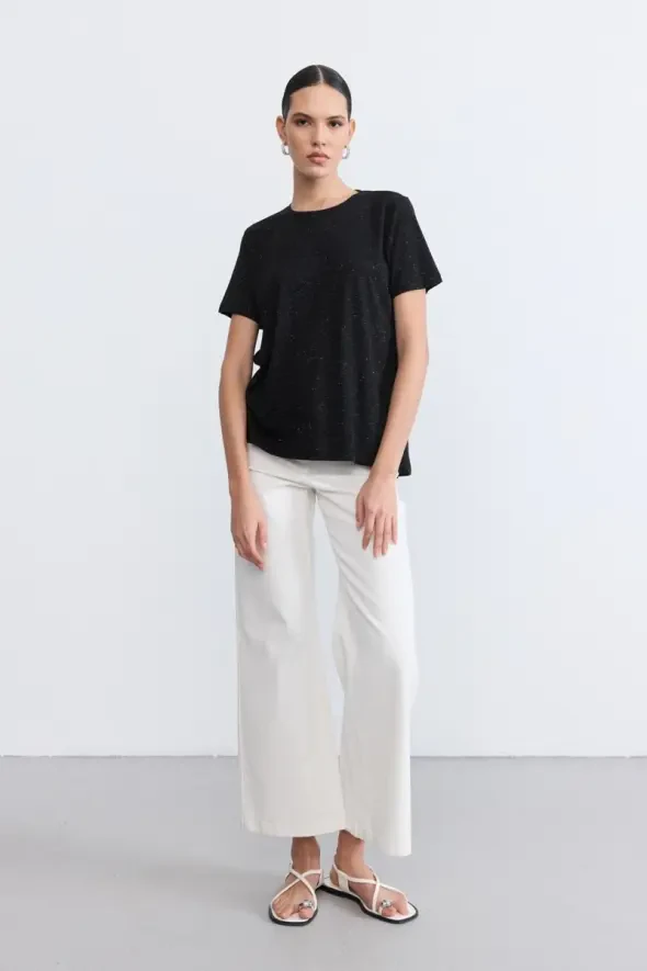 Simli Bisiklet Yaka T-Shirt - Siyah - 2