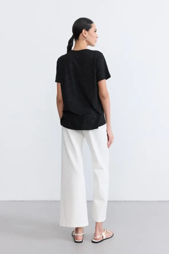 Simli Bisiklet Yaka T-Shirt - Siyah - 4