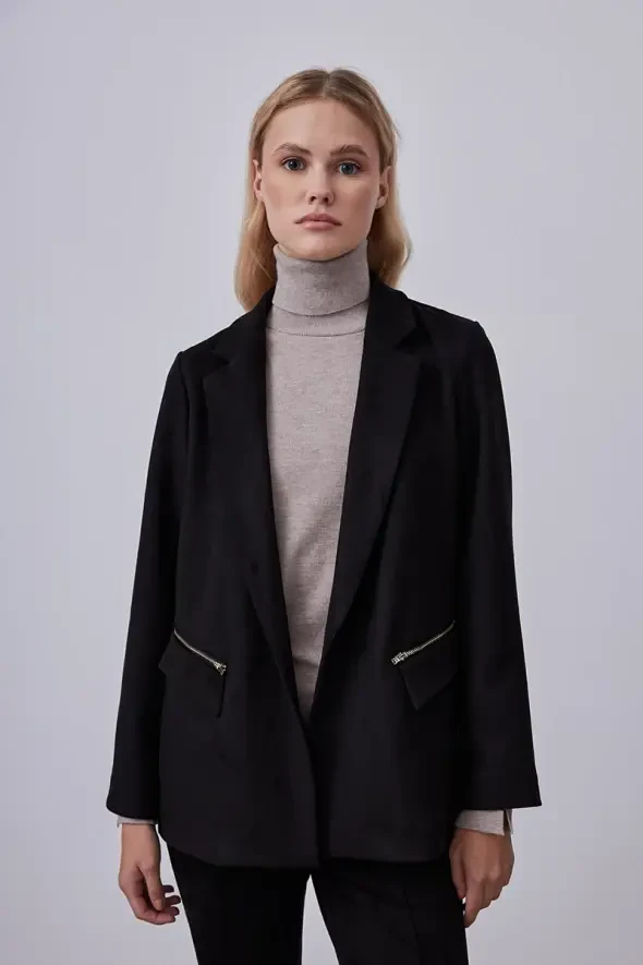 Cepleri Fermuarlı Süet Blazer Ceket - Siyah - 2
