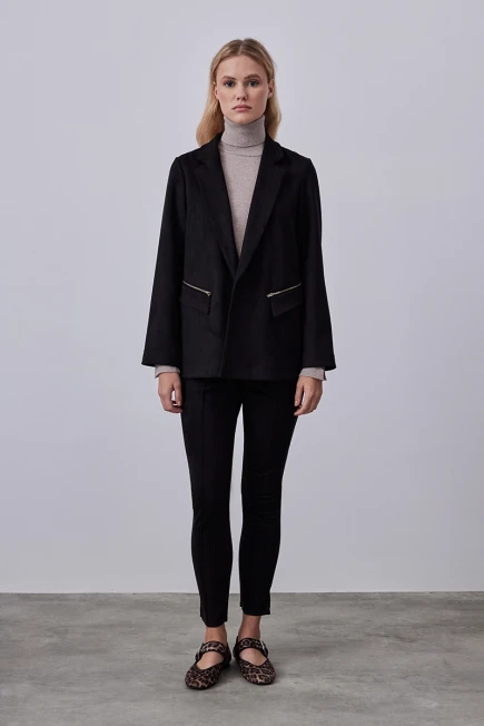 Cepleri Fermuarlı Süet Blazer Ceket - Siyah Siyah