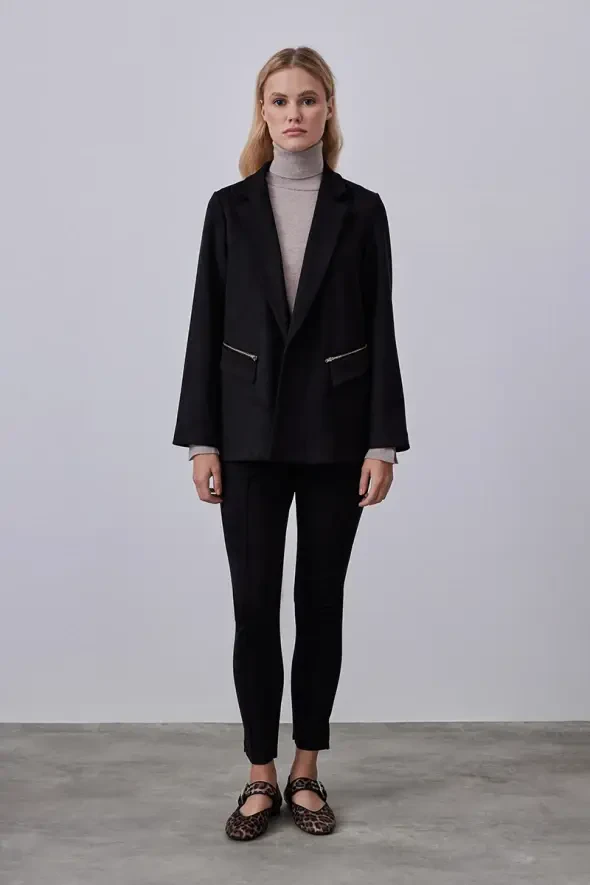 Cepleri Fermuarlı Süet Blazer Ceket - Siyah - 1