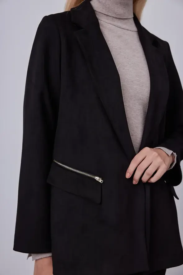 Cepleri Fermuarlı Süet Blazer Ceket - Siyah - 3