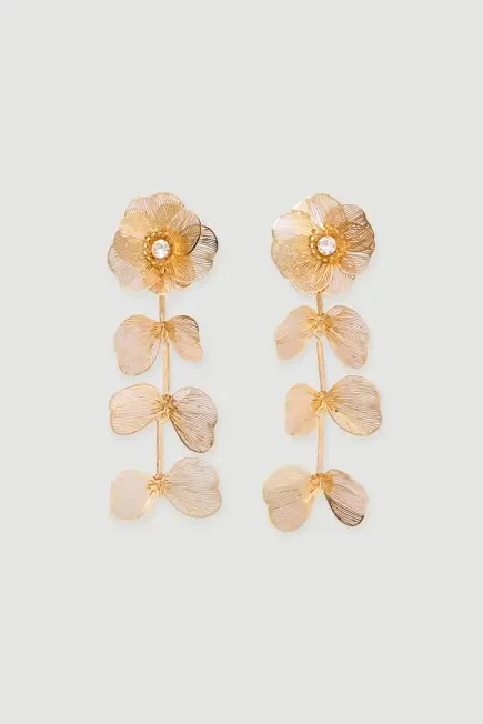 Taş Detaylı Sallantılı Çiçek Küpe - Gold Gold