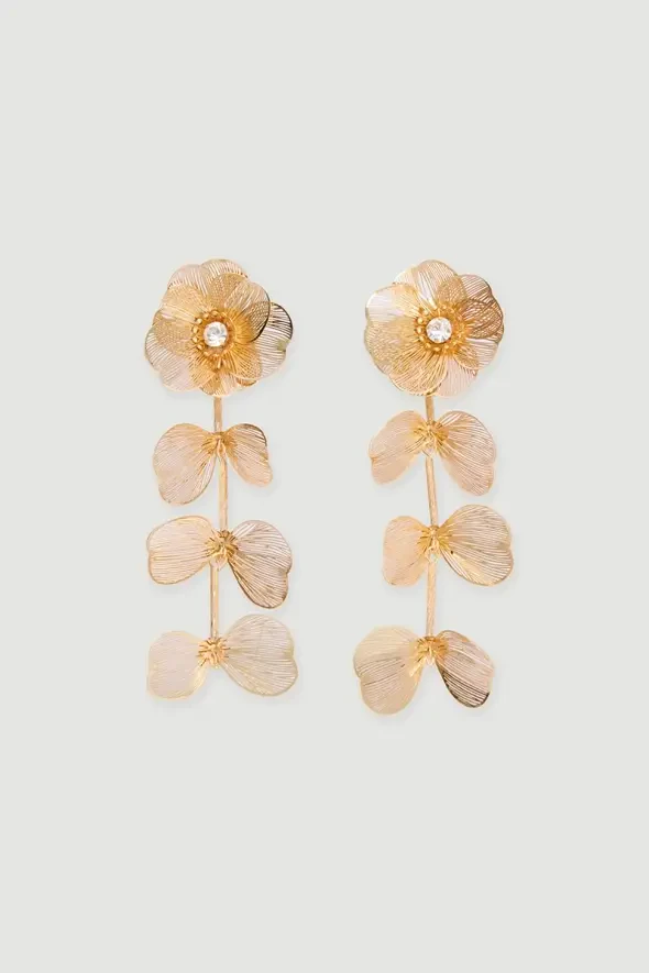 Taş Detaylı Sallantılı Çiçek Küpe - Gold - 1
