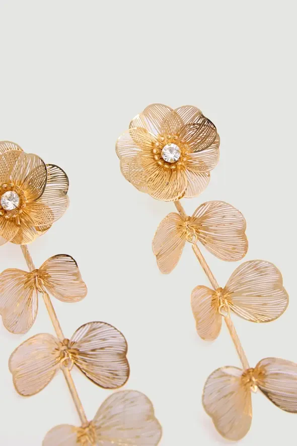 Taş Detaylı Sallantılı Çiçek Küpe - Gold - 2