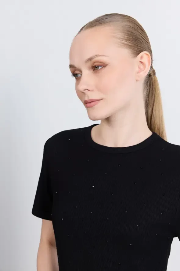 Taşlı Viskon Ribana Tshirt - Siyah - 3