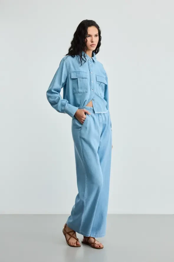Tencel Denım Bol Paça Pantolon - Mavi - 1