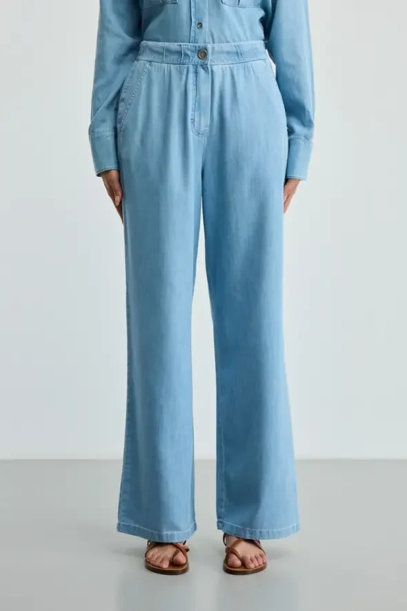 Tencel Denım Bol Paça Pantolon - Mavi - 2