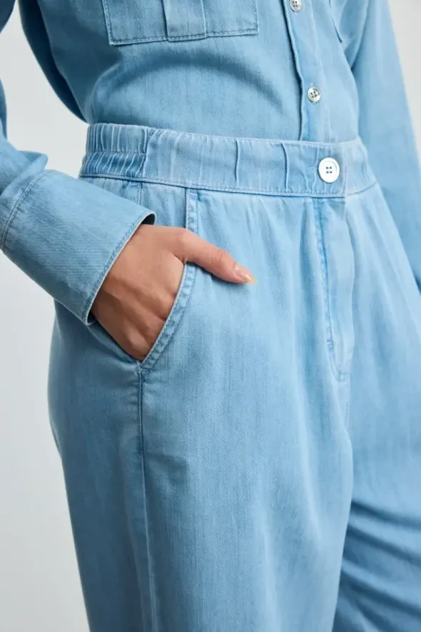 Tencel Denım Bol Paça Pantolon - Mavi - 3