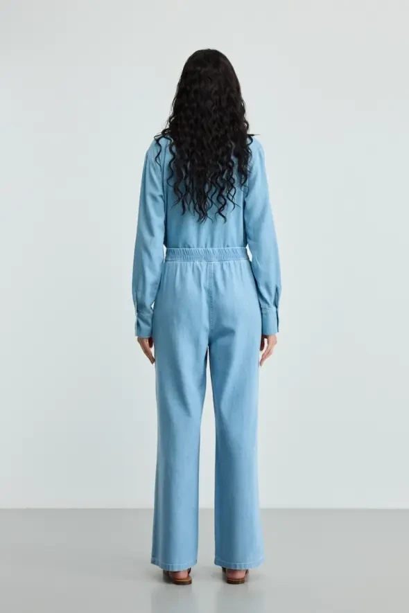 Tencel Denım Bol Paça Pantolon - Mavi - 4