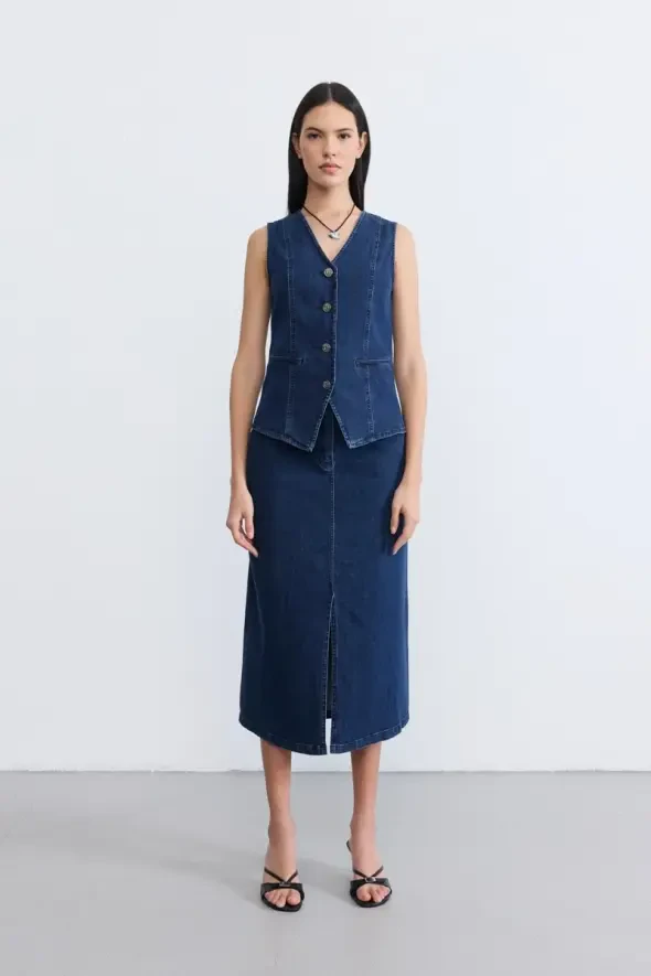 Uzun Denim Etek - Mavi - 1