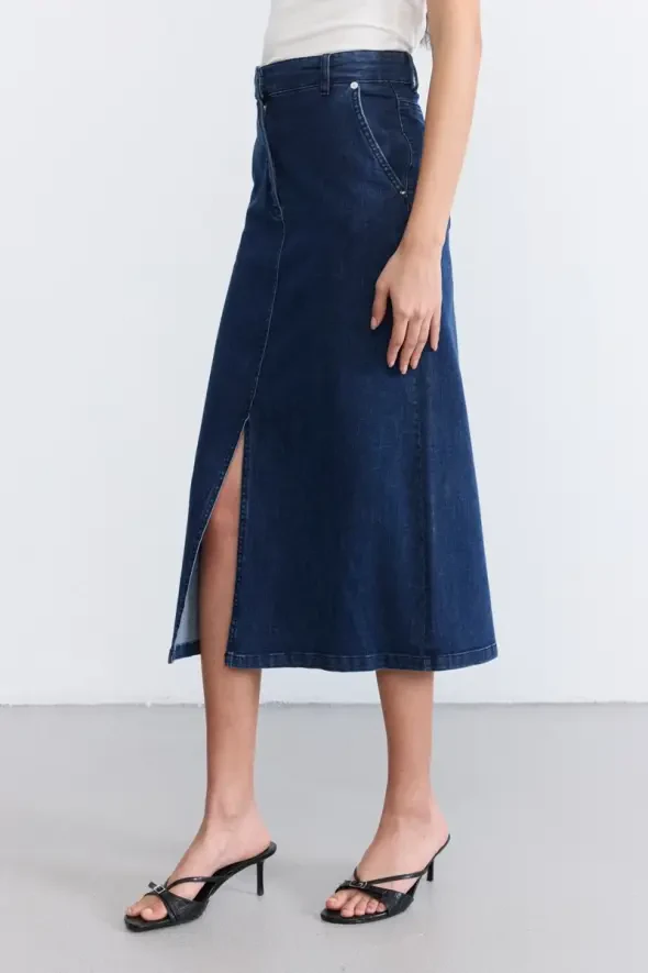 Uzun Denim Etek - Mavi - 2