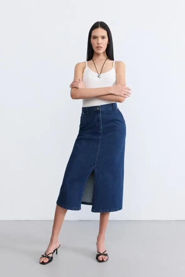 Uzun Denim Etek - Mavi - 3