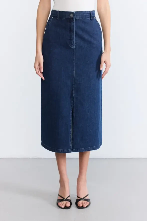Uzun Denim Etek - Mavi - 4
