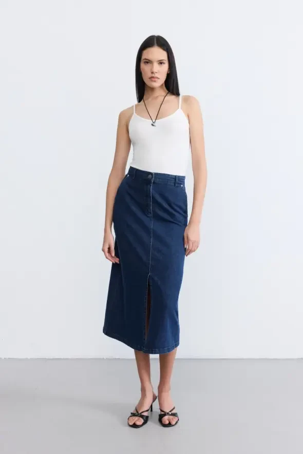 Uzun Denim Etek - Mavi - 5