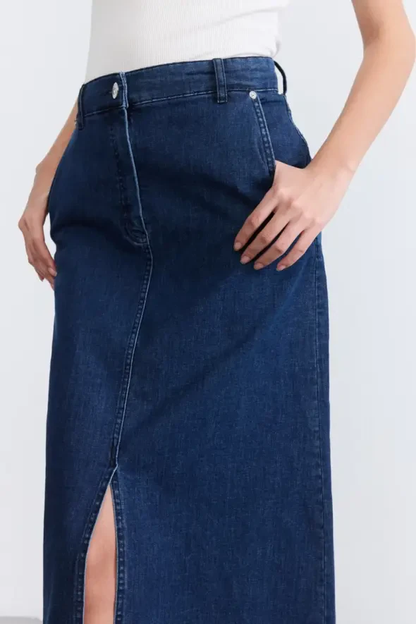 Uzun Denim Etek - Mavi - 6