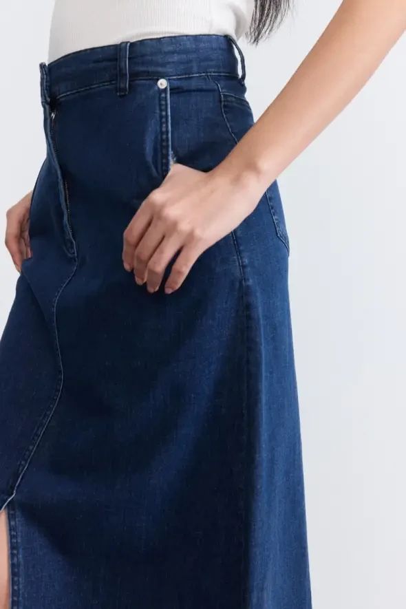 Uzun Denim Etek - Mavi - 7