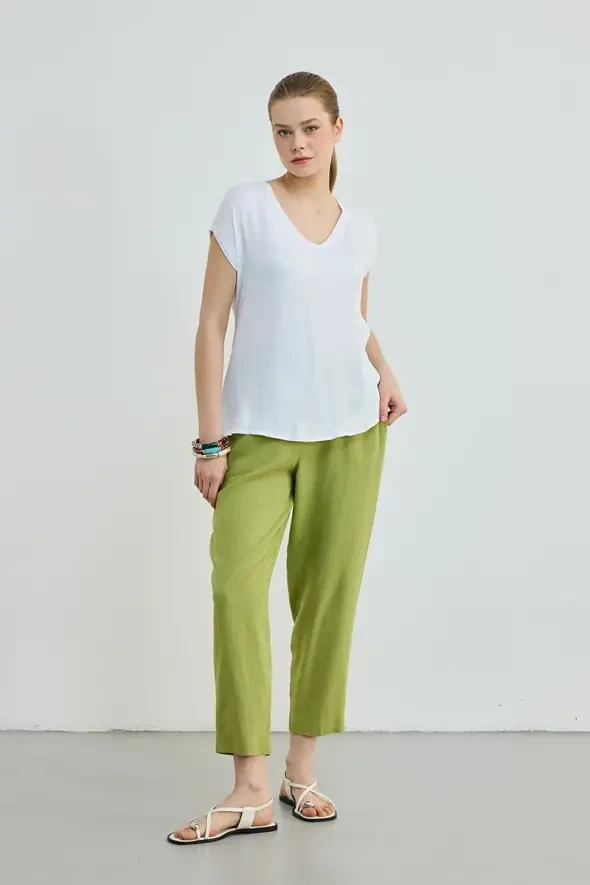 V Yaka Önü Saten Tshirt - Beyaz - 2