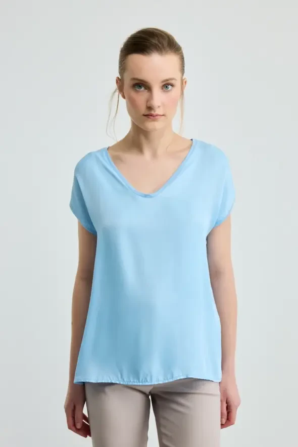 V Yaka Önü Saten Tshirt - Mavi - 1