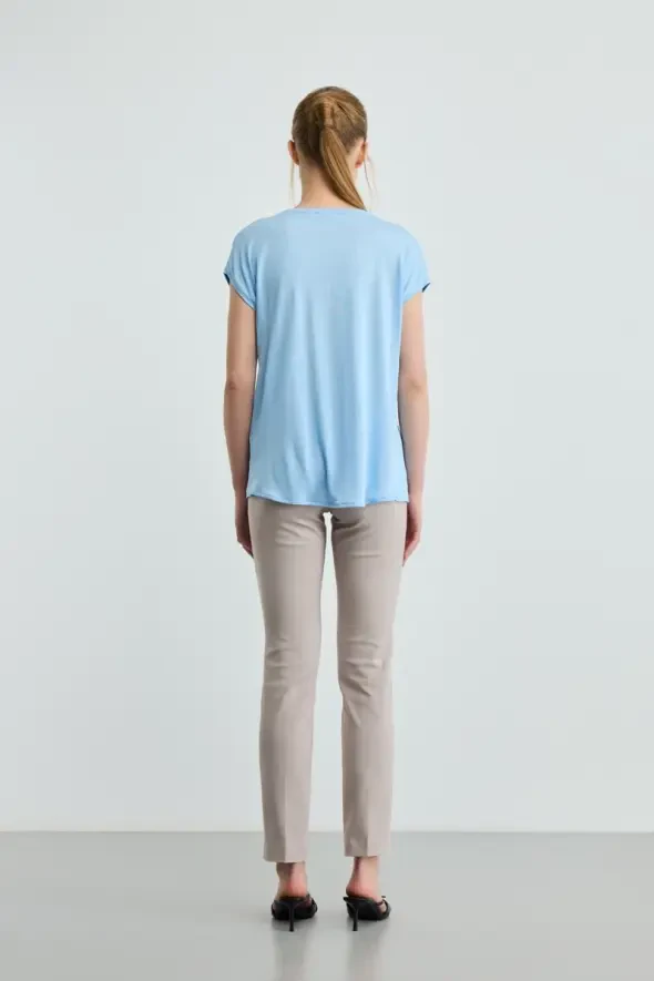 V Yaka Önü Saten Tshirt - Mavi - 3