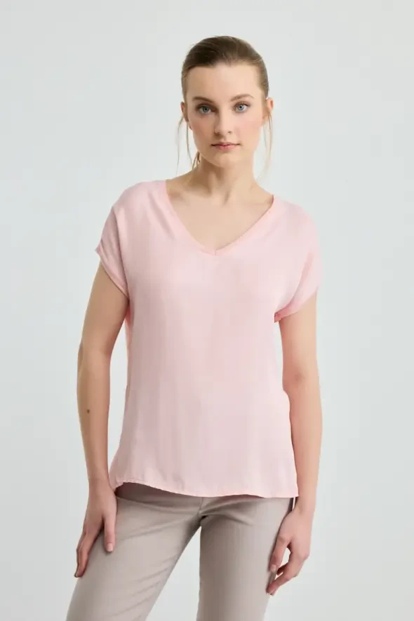 V Yaka Önü Saten Tshirt - Pembe - 1
