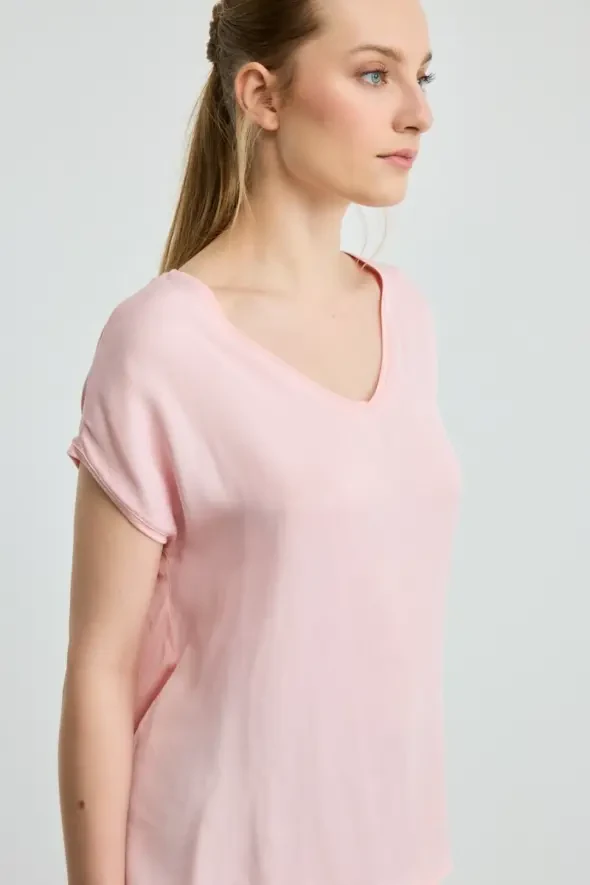 V Yaka Önü Saten Tshirt - Pembe - 2