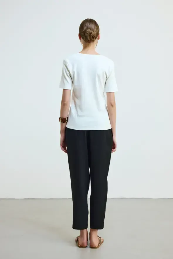 V Yaka Pamuk Kaşkorse T-Shirt - Ekru - 5