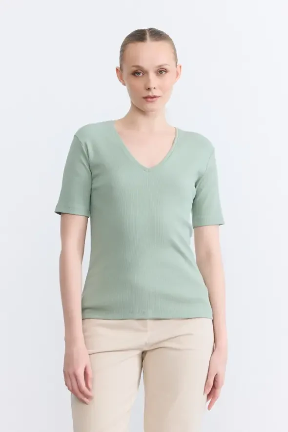 V Yaka Pamuk Kaşkorse T-Shirt - Yeşil - 1
