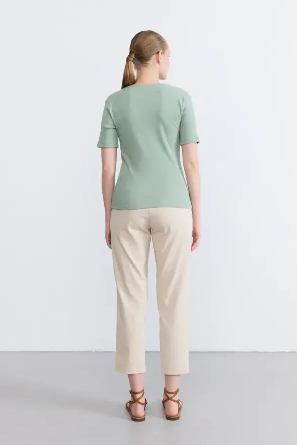 V Yaka Pamuk Kaşkorse T-Shirt - Yeşil - 4