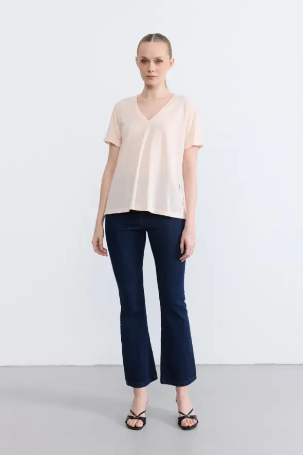 V Yaka Simli T-Shirt - Pudra - 1