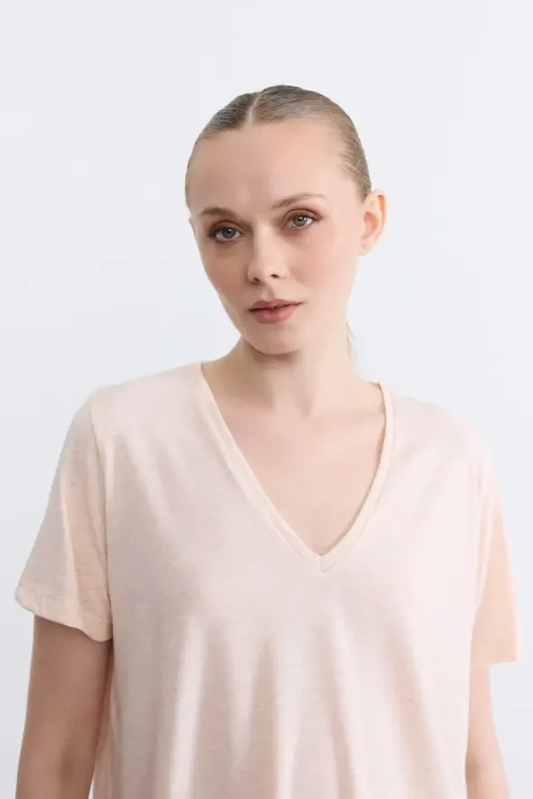 V Yaka Simli T-Shirt - Pudra - 2